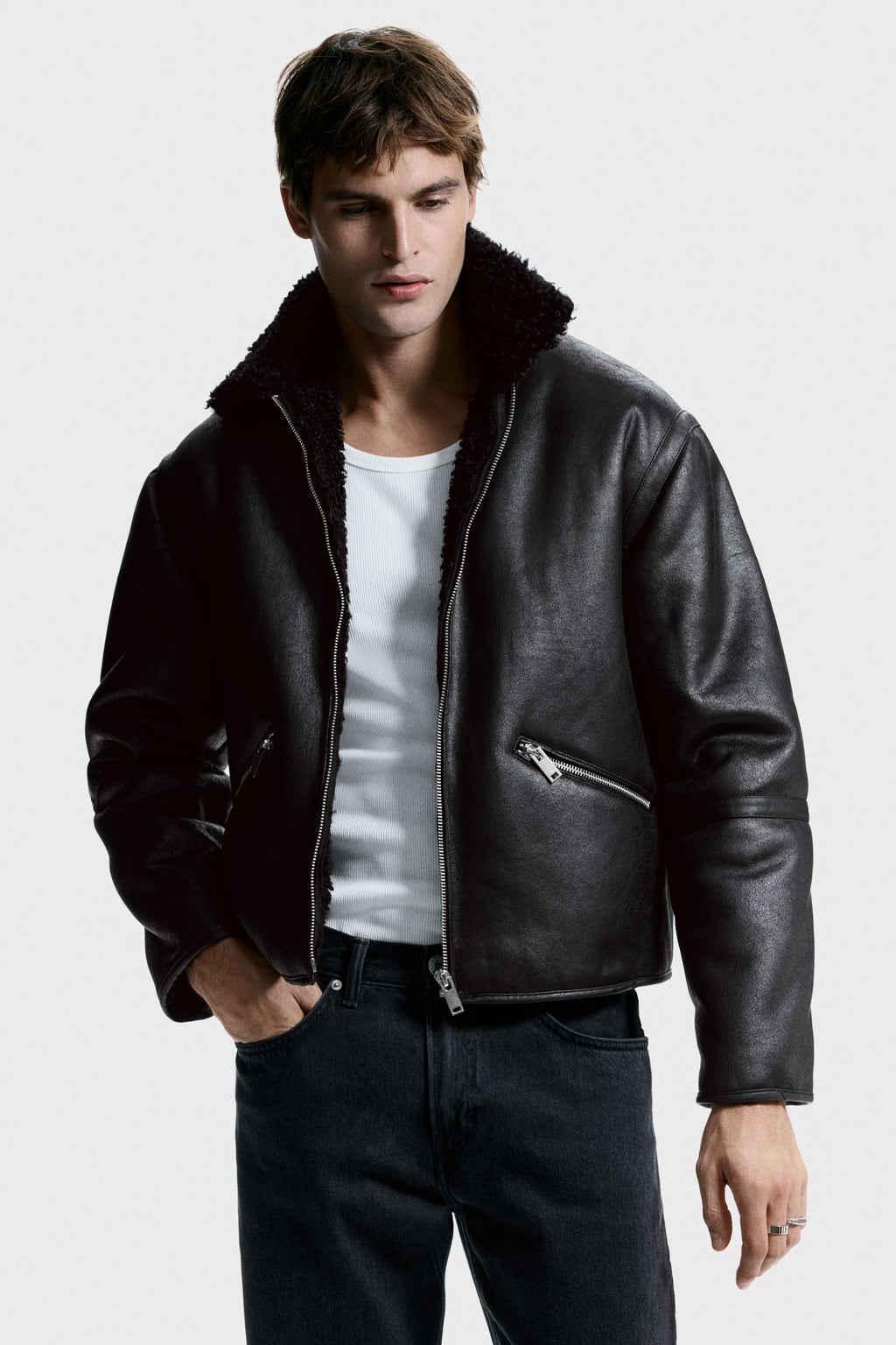 Teddy-lined jacket - Black - Men
