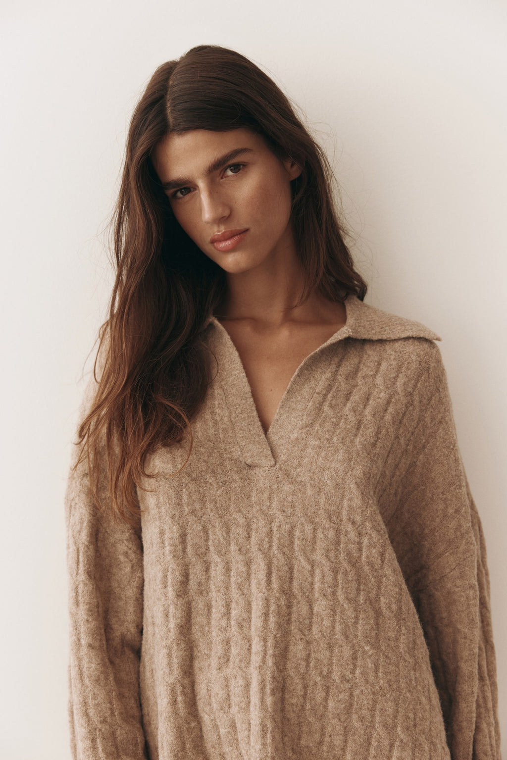 Cable-knit polo jumper - Dusty beige - Ladies