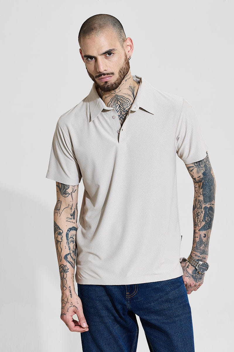 Off white textured polo slim fit T-shirt
