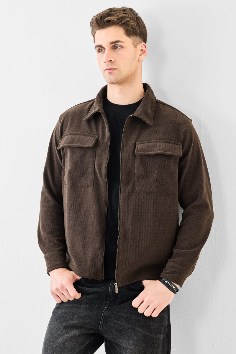 Regular fit stretch zipper textured jacket