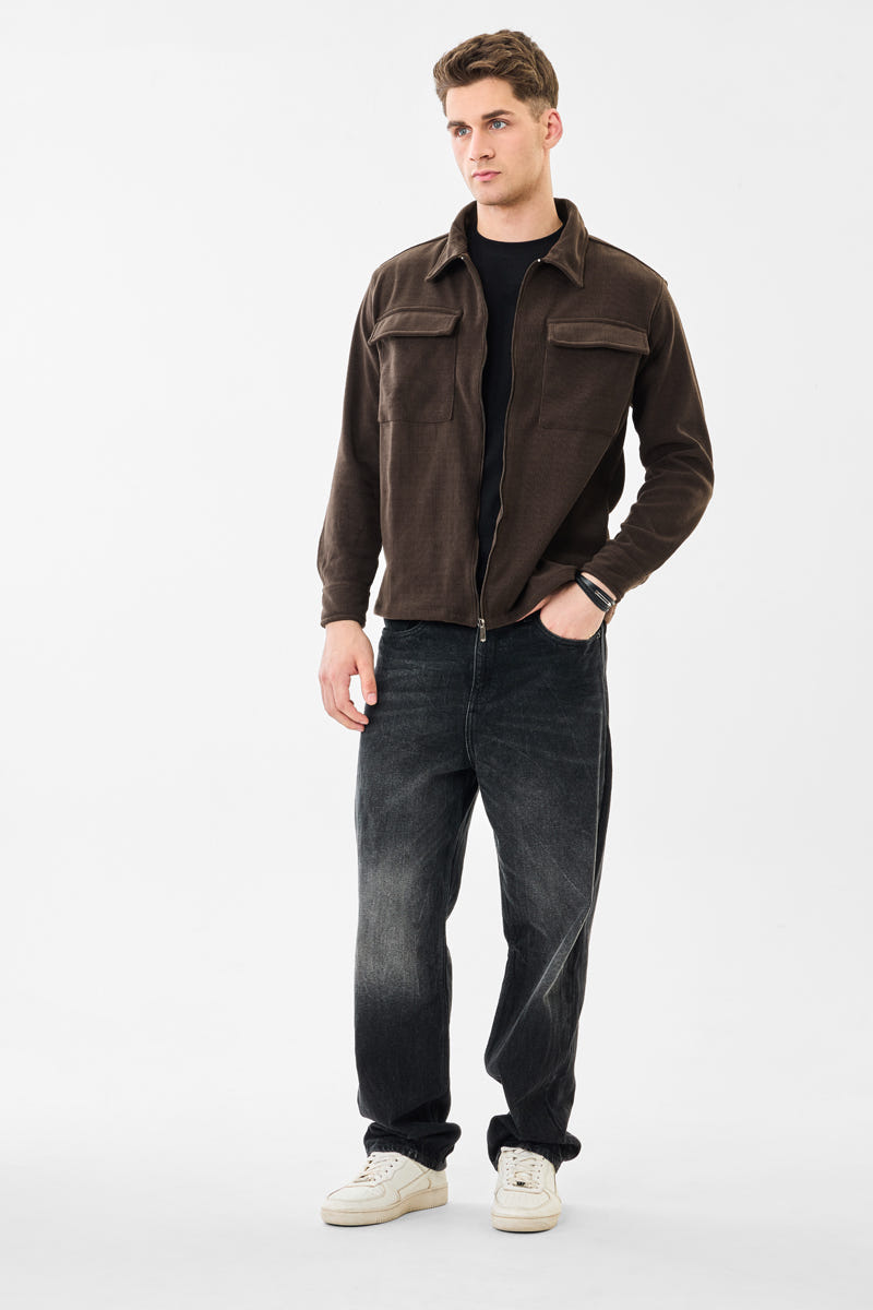 Regular fit stretch zipper textured jacket