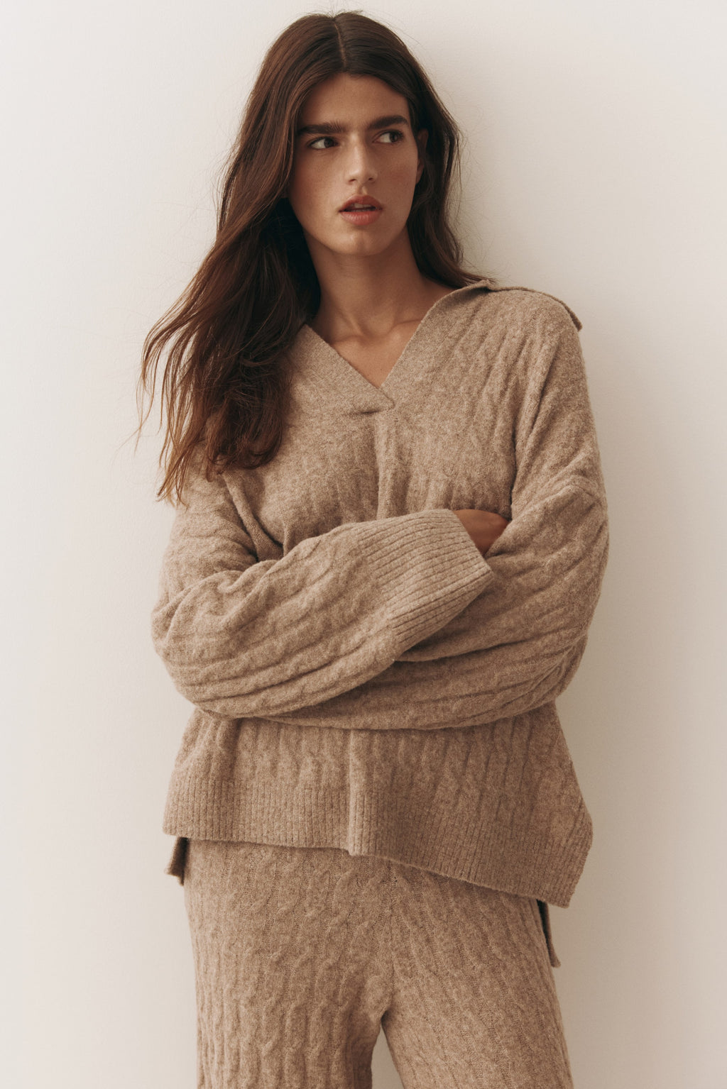 Cable-knit polo jumper - Dusty beige - Ladies
