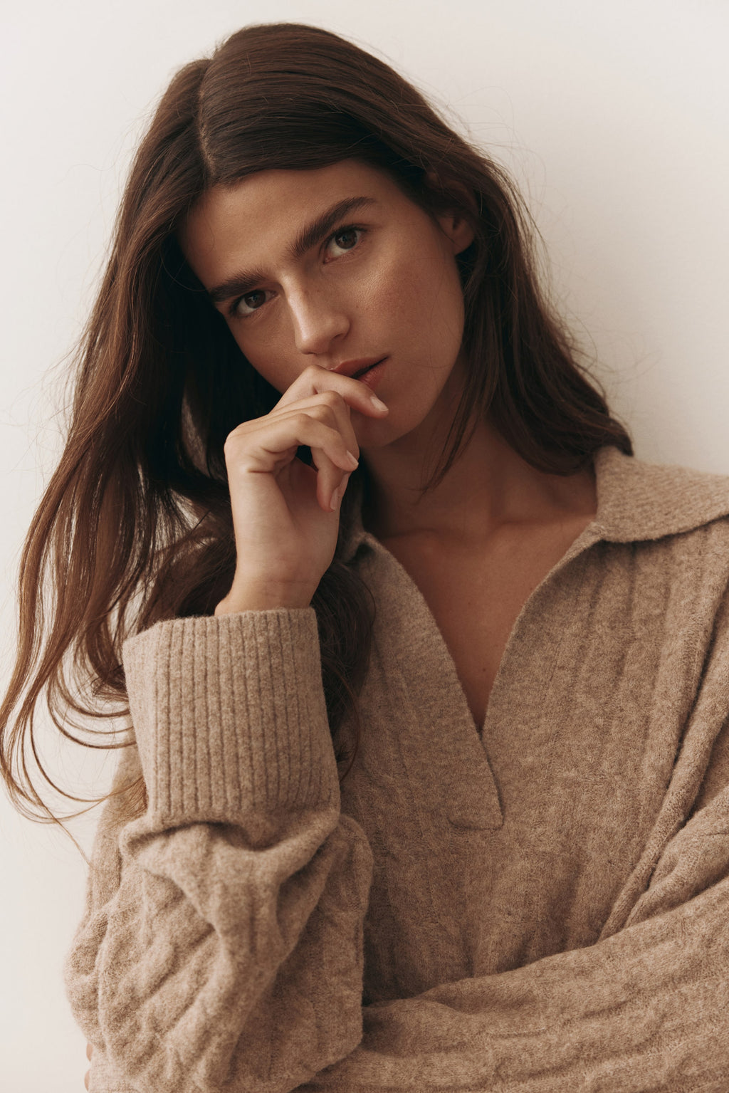 Cable-knit polo jumper - Dusty beige - Ladies