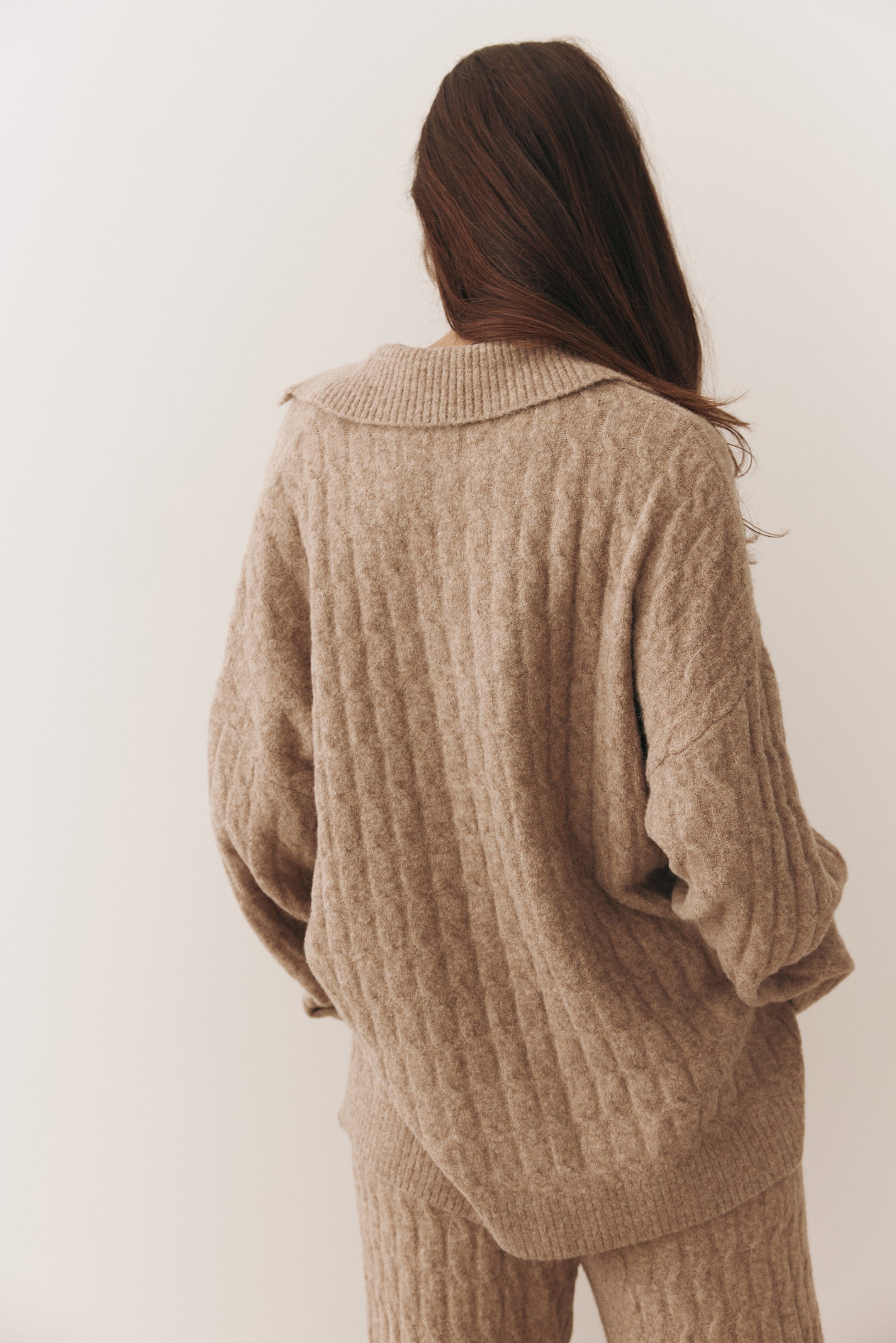 Cable-knit polo jumper - Dusty beige - Ladies