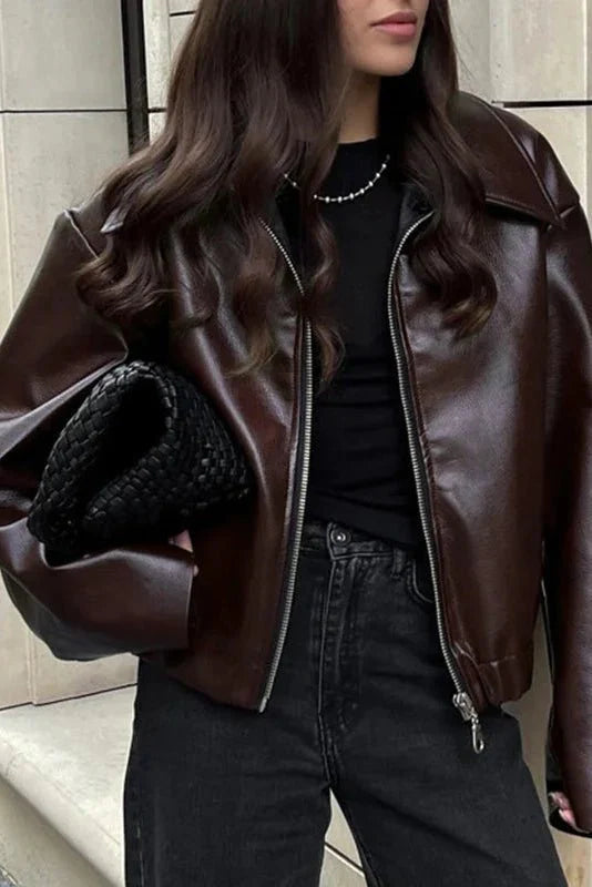 Women Brown faux leather Oversized Jacket