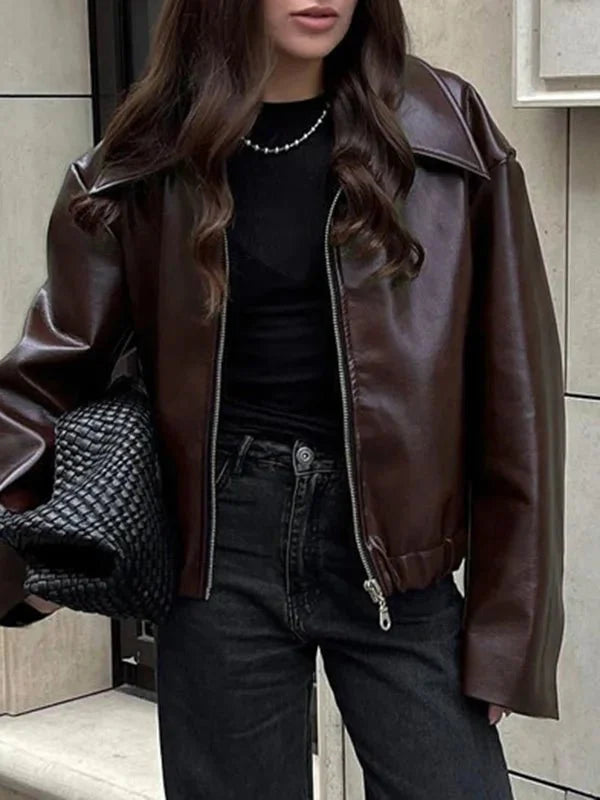 Women Brown faux leather Oversized Jacket