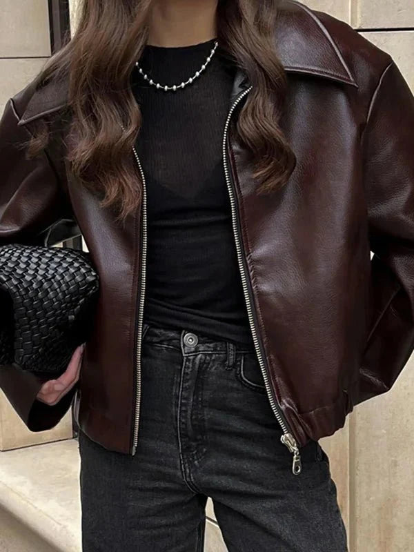 Women Brown faux leather Oversized Jacket